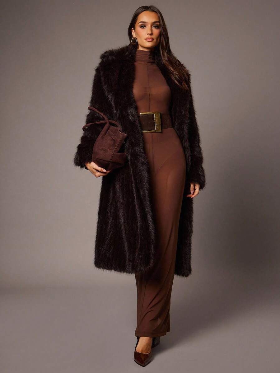 Silquee Women's Elegant Dark Brown Faux Fur Collar Long Fur Coat,Winter Luxury Solid Color Long Sleeve Fluffy Loose Fashion Design For Dinner Date Parties