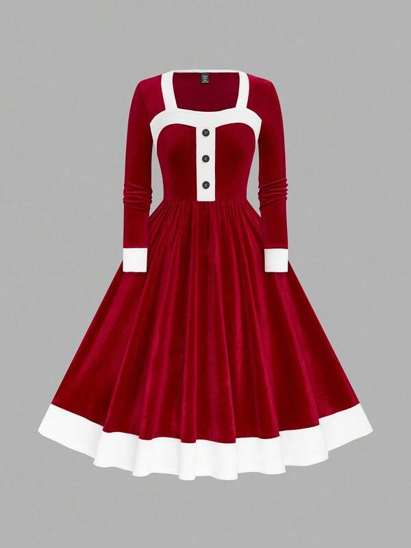 EMERY ROSE Plus Size Women Velvet A-Line Waist Cinched Long Sleeve Dress, Fashionable For Christmas Party, Banquet