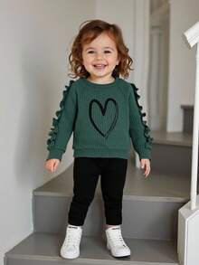 SHEIN Playful Pals 2pcs/Set Baby Girls Autumn New Ribbed Fabric Round Neck Long Sleeve Ruffle Trim Front Heart Print Casual Long Pants Simple Cute Homewear Matching Set - Multicolor - View 3