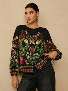 Travachic Plus Size Women's Black Tropical Floral Print Round Neck Long Sleeve Shirt, Button Front Loose Blouse Boho Blouses Peasant Blouse Bohemian Top Lantern Sleeve Blouse Cozy Fall And Winter Clothes For Women Black Tops