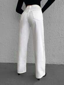 SHEIN Jean droit casual taille haute petite taille - Blanc - Voir 2