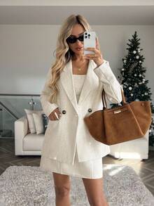 SHEIN LUNE Women's Casual Loose Fit Lapel Double-Breasted Plaid Tweed Jacket With Pockets, Commuter Style In Fall/Winter Christmas - Multicolor - View 4