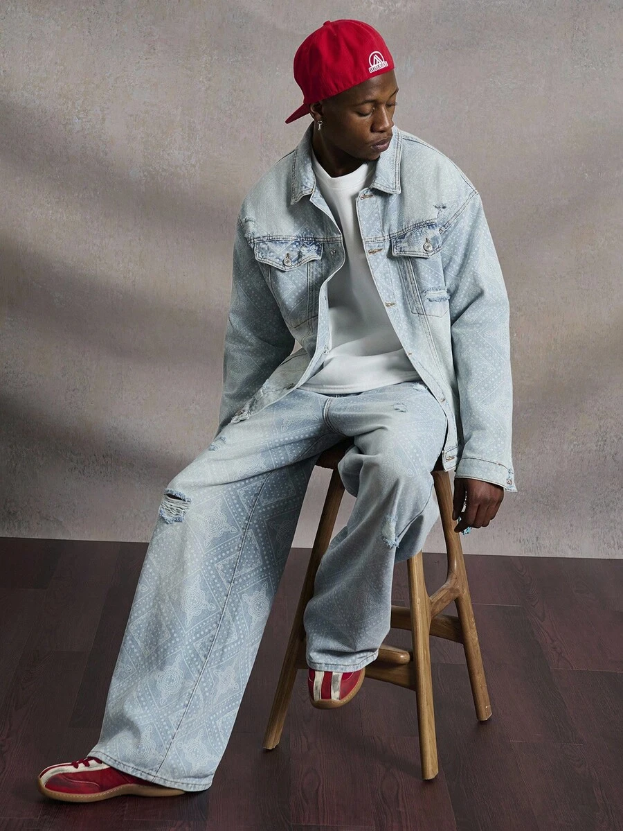 PAVTROS Conjunto de chaqueta y jeans de Manfinity Men Streetrush, con diseño de jacquard lavado y desgastado, para todas las estaciones, ropa de otoño unisex para Halloween y Día de Todos los Santos - Azul - Ver 1