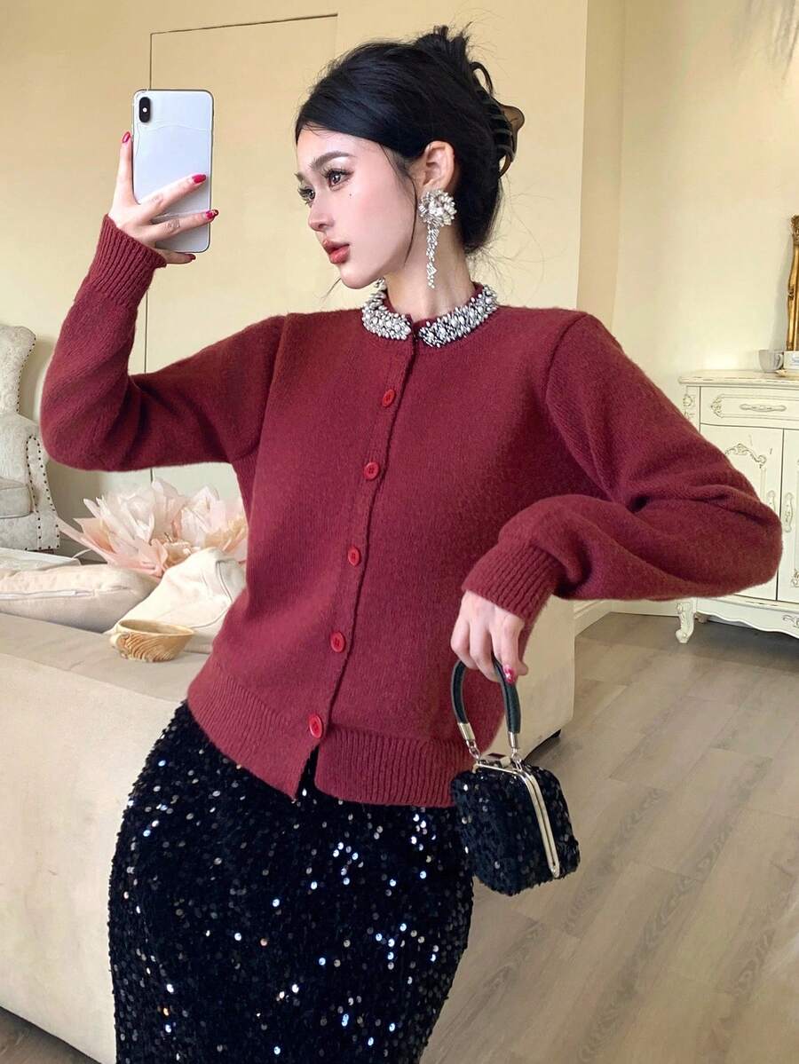 DAZY Women's Elegant Solid Color Rhinestone Embellished Cardigan, Autumn,New Year,Christmas