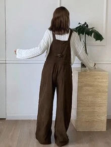 DAZY 女式宽松纯色灯芯绒工装裤，带口袋，秋冬休闲街头风格裤子 - 棕色 - 查看 2