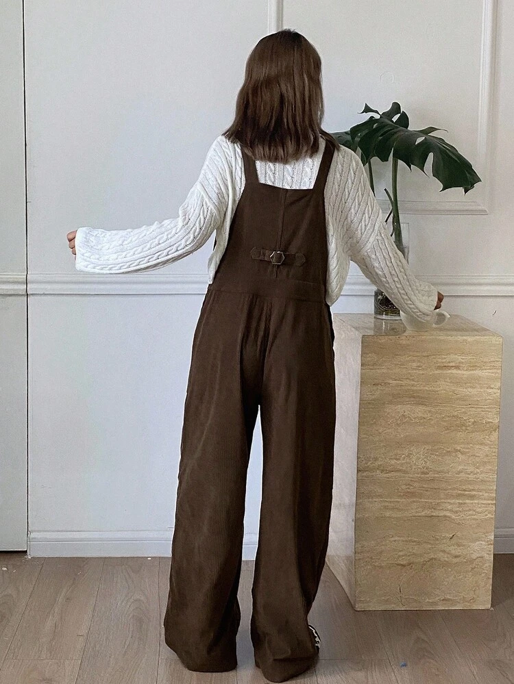 Women's Loose Solid Color Corduroy Overalls With Pockets, Casual Street Style For Autumn/Winter Romper