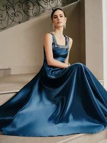 Anewsta Women's Handmade Beaded Shiny Satin Rhinestone Front Slit Dress, Elegant And Dignified, Suitable For Autumn/Winter Layering - Royal Blue - View 5