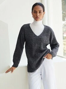 SHEIN LUNE Deep V-Neck Floral Chiffon Loose Mid-Length Pullover Sweater, Autumn/Winter - Dark Grey - View 4