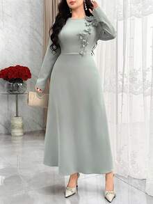 Modelyn Elegante abito a-line con decorazione floreale 3D per donna - Verde grigio - Visualizzare 5