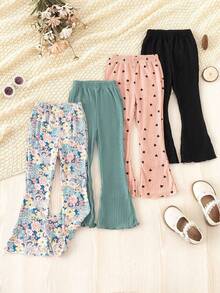 SHEIN 4pcs Young Girl Casual Heart Print, Ditsy Floral And Solid Color Flared Pants, Versatile Bottom Wear For Spring & Autumn Chic Outfits For Autumn/Winter, Fall Clothes - Multicolor - View 4