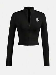 SHEIN 少女休闲弹力拉链修身长袖外套，秋冬季必备基础款外套，适合节日、万圣节、圣诞节、新年等场合，是理想的圣诞礼物之选。这款外套舒适百搭，是秋冬季日常穿着、街头风、居家服的理想之选。 - 黑色 - 查看 1