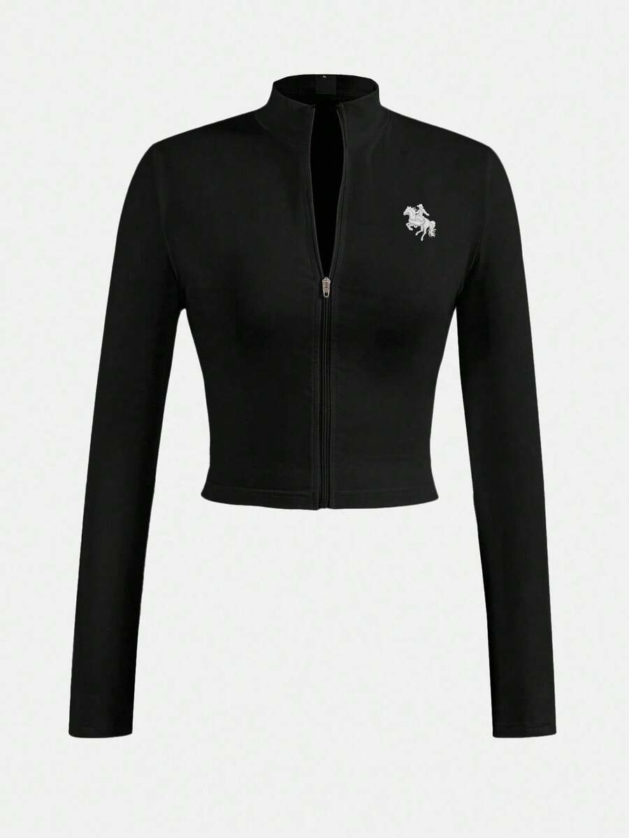 SHEIN 少女休闲弹力拉链修身长袖外套,秋冬季必备基础款外套,适合节日、万圣节、圣诞节、新年等场合,是理想的圣诞礼物之选。这款外套舒适百搭,是秋冬季日常穿着、街头风、居家服的理想之选。 - 黑色 - 查看 1