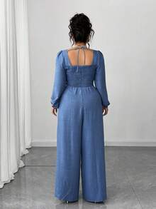 Elenzga Plus Size Women 3D Floral Decor Casual Square Neck Long Sleeve Jumpsuits - Blue - View 2