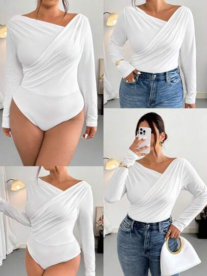 Firerie Combinaison élégante et minimaliste pour femmes grandes tailles, mode sexy. Convient pour le trajet, les festivals de musique, les vacances. Col asymétrique avec drapé et volant, manches longues stretch. Automne/Hiver