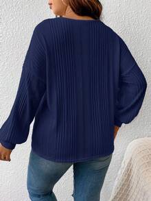 SHEIN Frenchy Áo thun tay dài cổ chữ V viền ren màu tương phản cỡ lớn - Xanh đậm - Xem 2