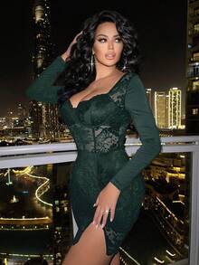 SHEIN Allurite Đầm ren đan hở ngực tay dài gợi cảm cho nữ - Màu xanh lá cây đậm - Xem 3