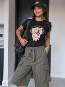 Áo phông in hình mèo cho bé gái tuổi teen, áo thường ngày mùa hè - màu đen - Xem 1