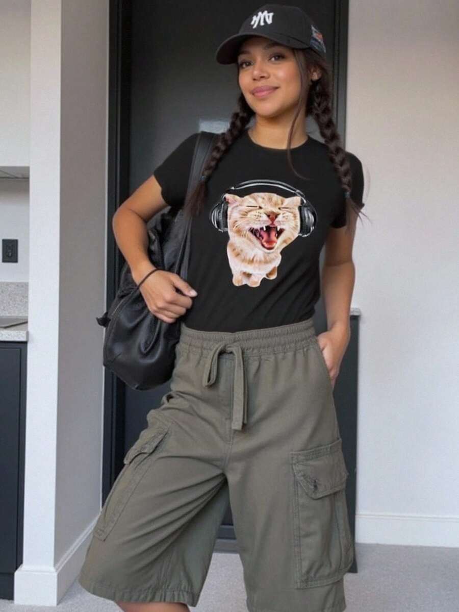 Áo phông in hình mèo cho bé gái tuổi teen, áo thường ngày mùa hè - màu đen - Xem 1