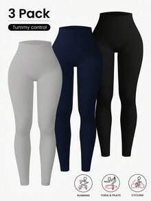 Velisys Velisys 3 Paket Legging Bergaris Tanpa Jahitan untuk Wanita, Celana Yoga Kontrol Perut Pinggang Tinggi Tidak Tembus Pandang untuk Olahraga, Lari, Bersepeda, dan Latihan Santai - MultiWarna - View 4