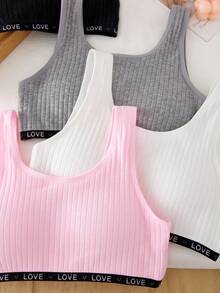 4pcs Bra Anak Perempuan Bergaris Warna Polos dengan Tali LOVE, Manis, Lucu, Dasar, Berbantalan, Bra Olahraga Katun untuk Sekolah, Olahraga, Musim Dingin, Merah Muda, Dapat Dipakai di Luar Rumah - MultiWarna - View 6