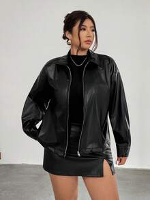 Firerie Plus Size Women Black Long Sleeve PU Jacket,Fall Clothes For Women - Black - View 3