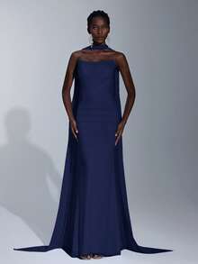 Elitara Elegant Luxurious Light Blue Elastic Mesh Boat Neck Full Ruffle Sequin Bridesmaid Dress