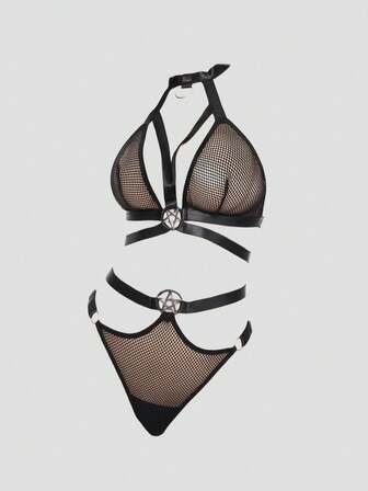 Grunge Punk Dunkel Punk Mesh Fünfzackiger Stern Dreieck Tasse Träger BH & Slip Dessous Set, Sexy Wäsche