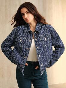 Anewsta 女式复古提花牛仔夹克，蓝色 - 藍色 - 查看 1