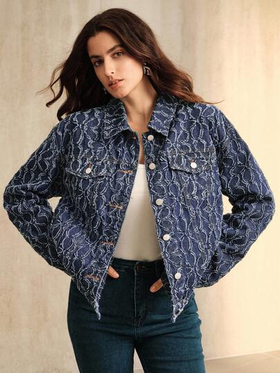 Anewsta 女式复古提花牛仔夹克，蓝色