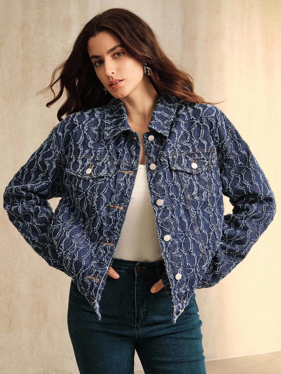 Anewsta 女式复古提花牛仔夹克，蓝色 - 藍色 - 查看 1