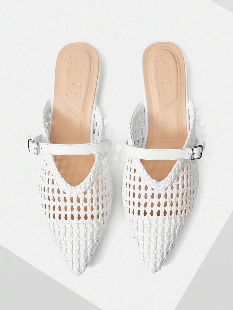 WOMEN'S FLAT SLIP-ON SHOES, SUMMER WOVEN HOLLOW-OUT ELEGANT COMFORTABLE SIMPLE FASHIONABLE POINTED TOE MULES