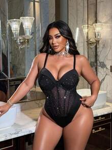 NU&NOW Plus Size Women's Polka Dot Mesh Patchwork Sexy Bodysuit, Suitable For Everyday Wear