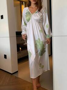 DAZY Women's V-Neck Ruched Waist Grape Pattern Nightgown Sleepwear Dress, For Fall Pajama - Green - View 8