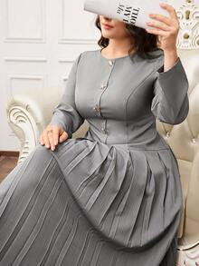 Modelyn Đầm xòe thanh lịch cổ tròn tay dài màu trơn cỡ lớn cho nữ, thiết kế nút kim loại, viền xếp ly - Màu xám đen - Xem 7
