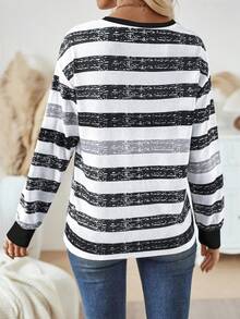 SHEIN LUNE 女士圆领长袖条纹休闲上衣，春季女士上衣 - 彩色 - 查看 2