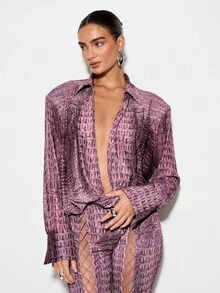 KIZN Velvet Textured Crocodile Scale Mesh Panel Bodysuit With Plunging V Neck Collar Long Sleeve Retro Fashion Party Evening Clubwear Statement Piece