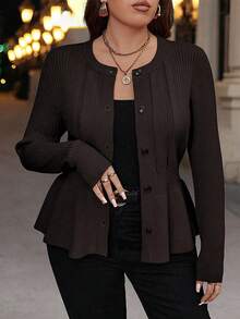 Auvina 大码女式休闲纽扣长袖开衫 - 咖啡棕 - 查看 2