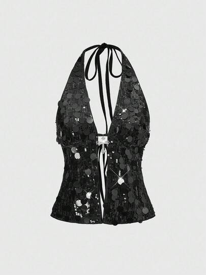 ROMWE Grunge Punk Spring/Summer Carnival Party Luxury Sequin Punk Rock Diva Festival, Halter Neck Sexy Sequin Cross Pendant Top For Women, Suitable For Music Festival, New Year Party, Y2K Millennium