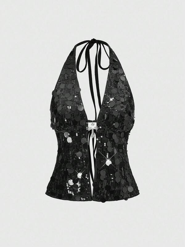 ROMWE Grunge Punk Conjunto de festival de estilo punk rock y diva, chaleco con cuello halter, sexy, con lentejuelas y colgante cruzado, adecuado para festivales de música, fiestas de Año Nuevo y estilo Y2K