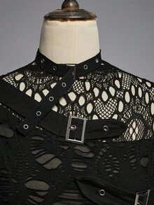 ROMWE Áo thun họa tiết hoa đen rách gợi cảm, không đối xứng, phong cách Punk Goth - màu đen - Xem 3