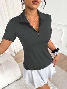 Easithlete Easithlete 女式纯色短袖休闲 Polo 衫，半襟侧开衩 - 灰色 - 查看 3