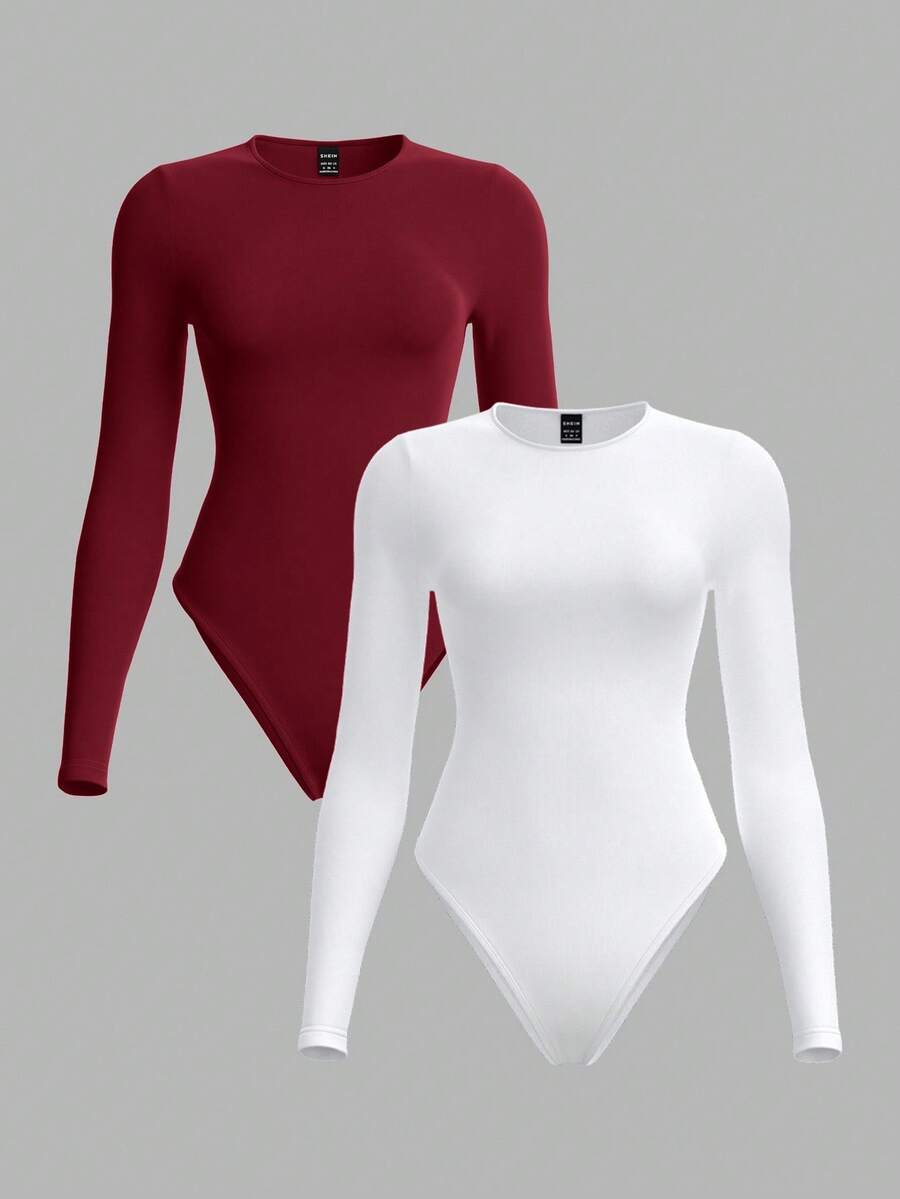 SHEIN BASICS 2pcs/Set Casual Solid Color Knit Crew Neck Long Sleeve Bodysuit For Women/Spring - Burgundy - View 1