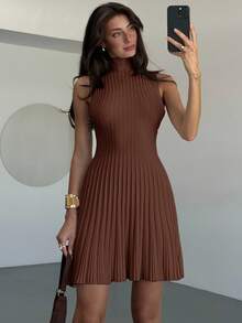 Aloruh Minimalist Chic Stand Collar Sleeveless A-Line Mini Ribbed Knit Dress For Women - Coffee Brown - View 7