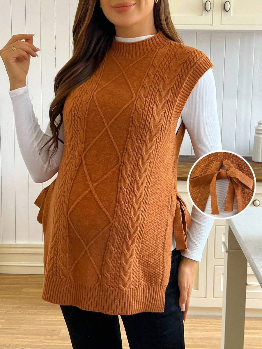 SHEIN Women Loose Fit High Neck Side Slit Tie Design Casual Maternity Sweater Vest, Autumn/Winter