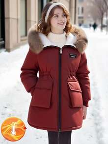 SHEIN Tween Girl Parka Jacket, Winter Fur Collar, Large Pockets, Hooded, Waist Cinched, Minimalist Fashion, Mid-Length Cotton Coat - Burgundy - View 7