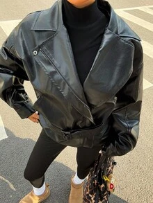 SHEIN EZwear Fall Women's Clothing, Flap Detail Drop Shoulder Cropped PU Leather Jacket, Batwing Sleeves, X-Belt Waist Tie, Casual Button Drop Shoulder Collar, Regular Fit Solid Color Women's Jacket, Suitable For Daily Wear - Black - View 2