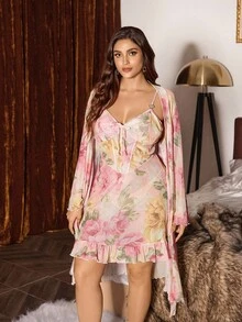 SHEIN Conjunto de camisón y bata con estampado floral y encaje para mujer de talla grande - Rosa - Ver 3