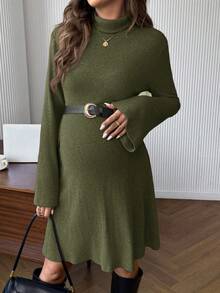 SHEIN 孕妇高领纯色长袖休闲罗纹针织连衣裙 - 軍綠色 - 查看 5