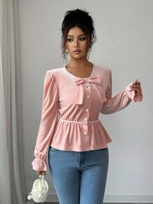 SHEIN Elenzya Blusa elegante y romántica para mujer con volantes, decoración de perlas y ajuste ceñido en la cintura - Rosa Pálido - Ver 7