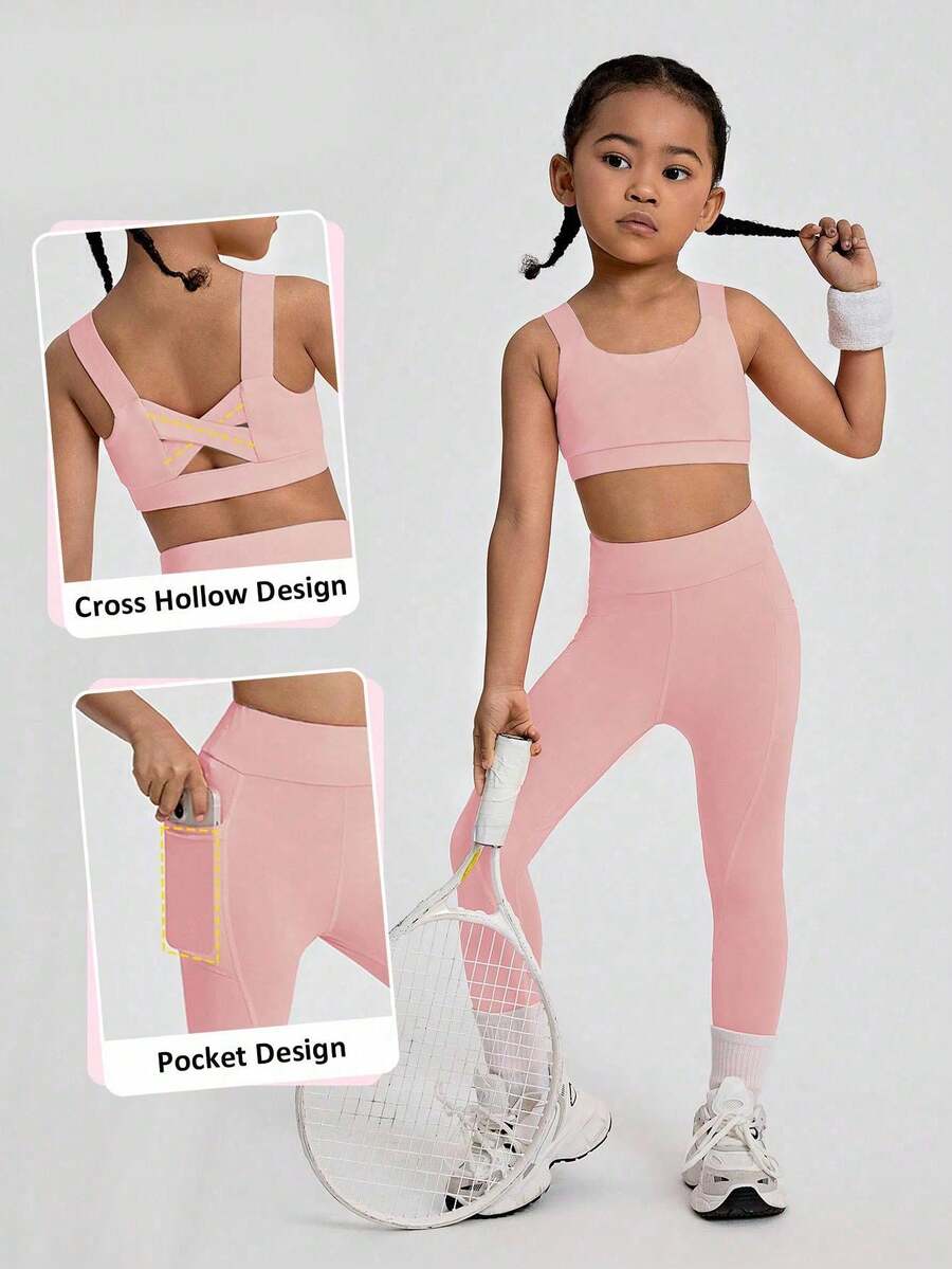 SHEIN Young Girl High Elasticity Sportswear Set For Body Shaping, Free Stretching, Breathable, Sweating-Absorbing, Suitable For Cycling, Running, Indoor Dancing And Comprehensive Training - Pink - View 1